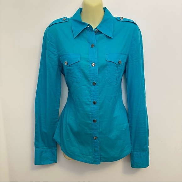 Tory Burch Turquoise Long Sleeve Lightweight Button Down Shirt size 6 - Picture 1 of 11